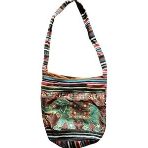 Boho Embroidered Elephant Shoulder Bag Festival Sling Crossbody Brown Striped